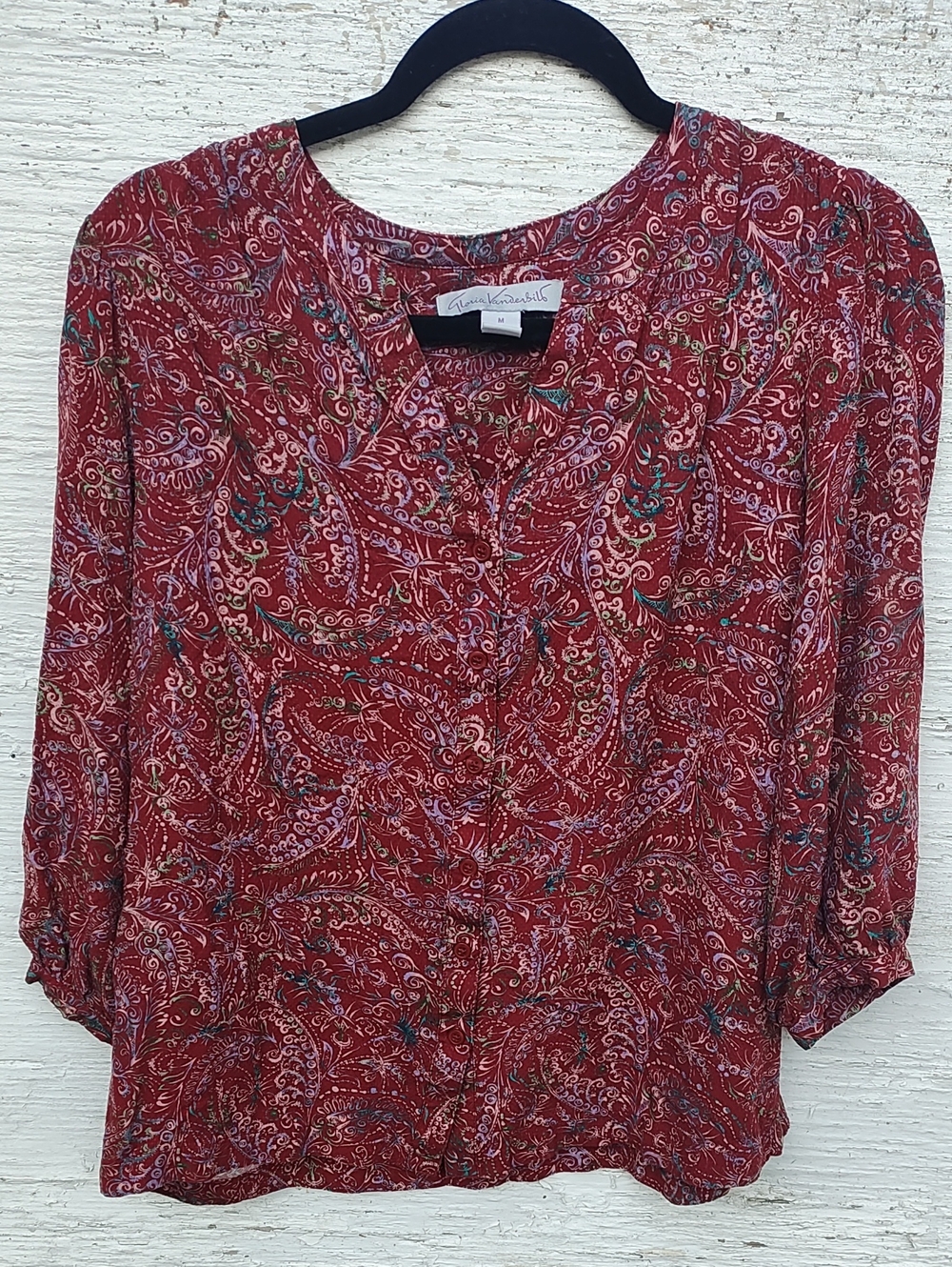 Gloria Vanderbilt Burgundy Fern-like Print Button-Down Blouse, Fall Office Wear